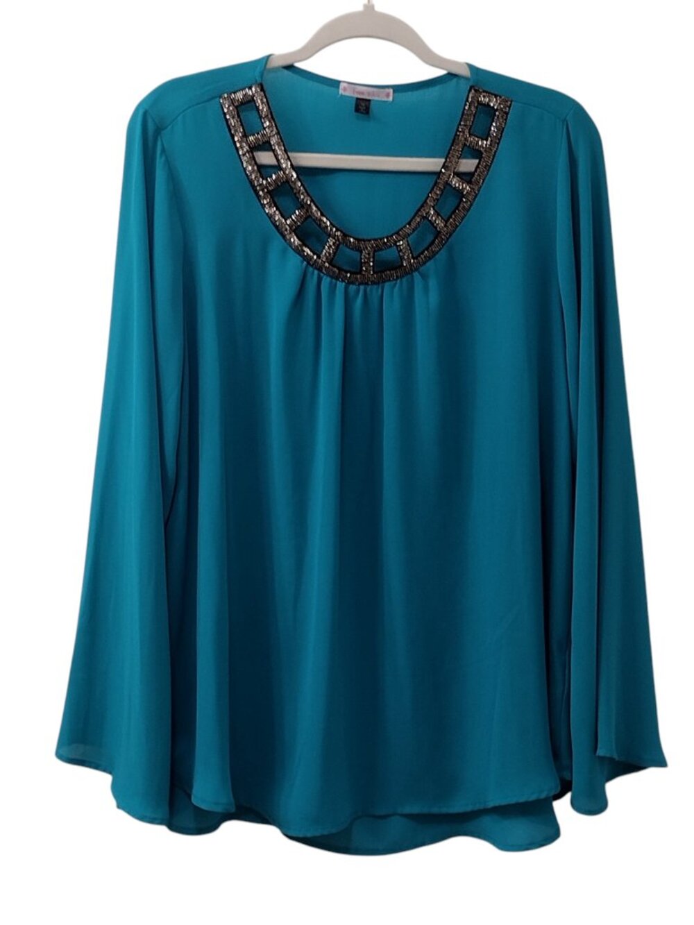 Free 2 Luv Long Bell Sleeve Sheer Top, Size 1X, Teal Green